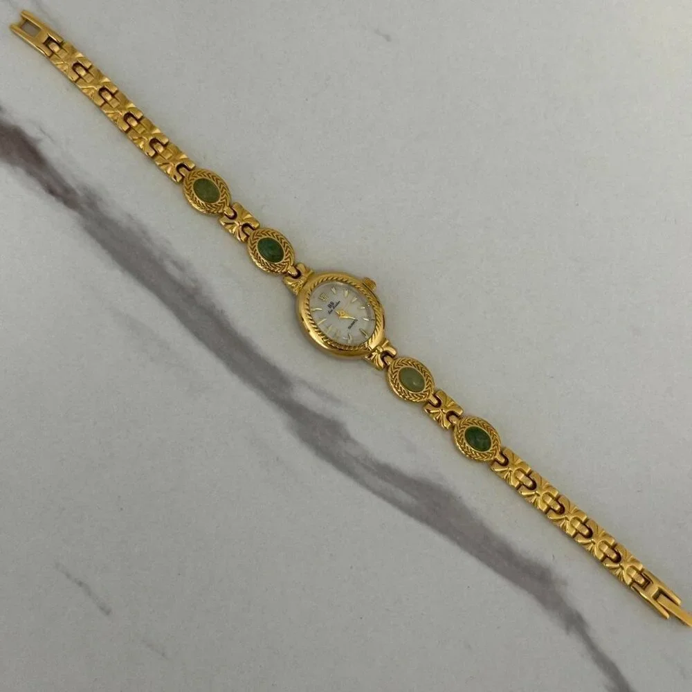 SKU:0018 Gold white mini‎ Watch with green natural stones + in a gift box